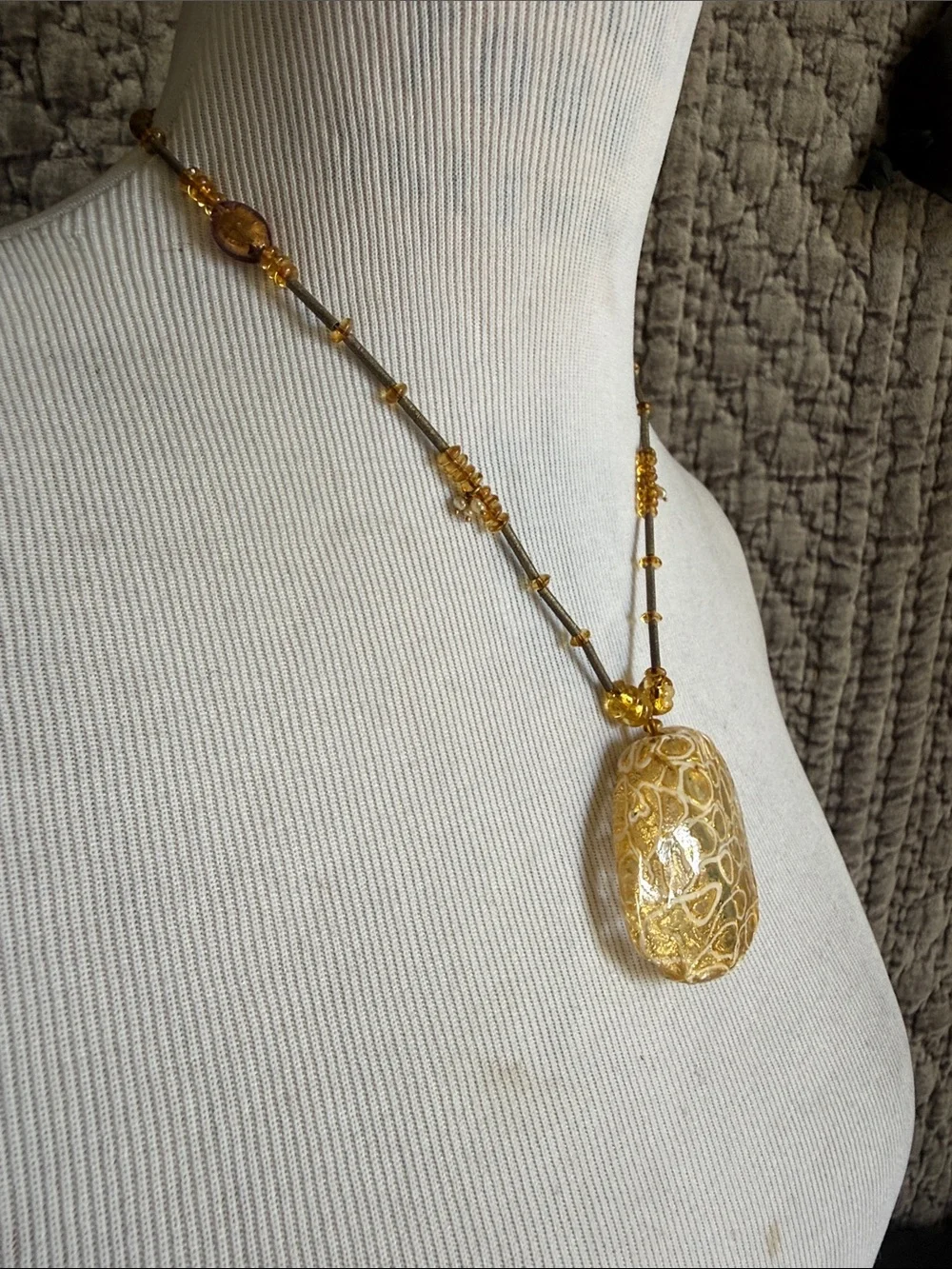 Gold Amber Original Morano Glass Pendant Necklace with small real pearls.